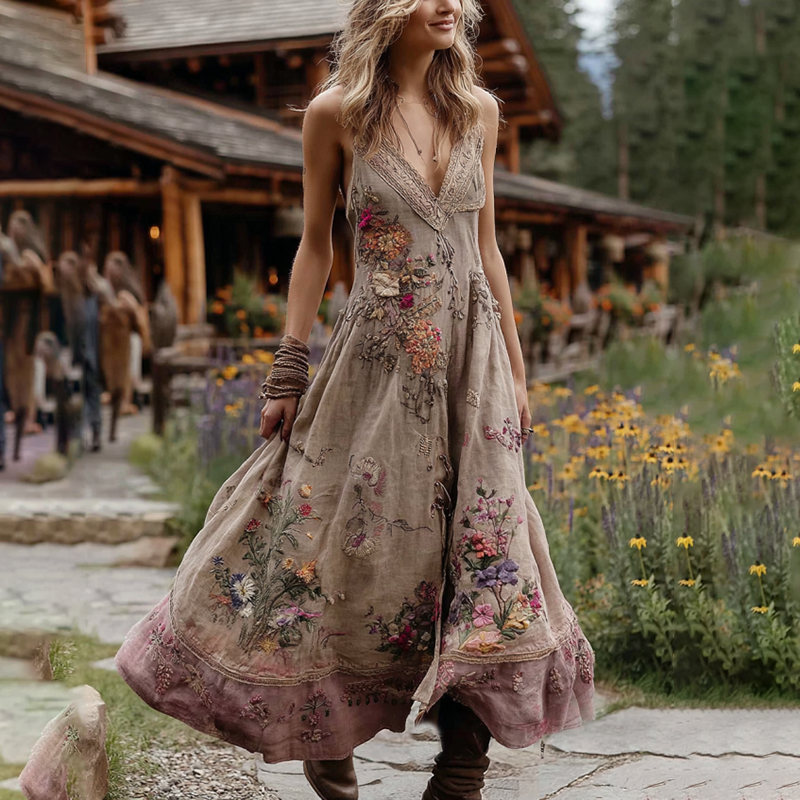 Women's Embroidery Floral Art V Neck Comfy Sleeveless Maxi Dress