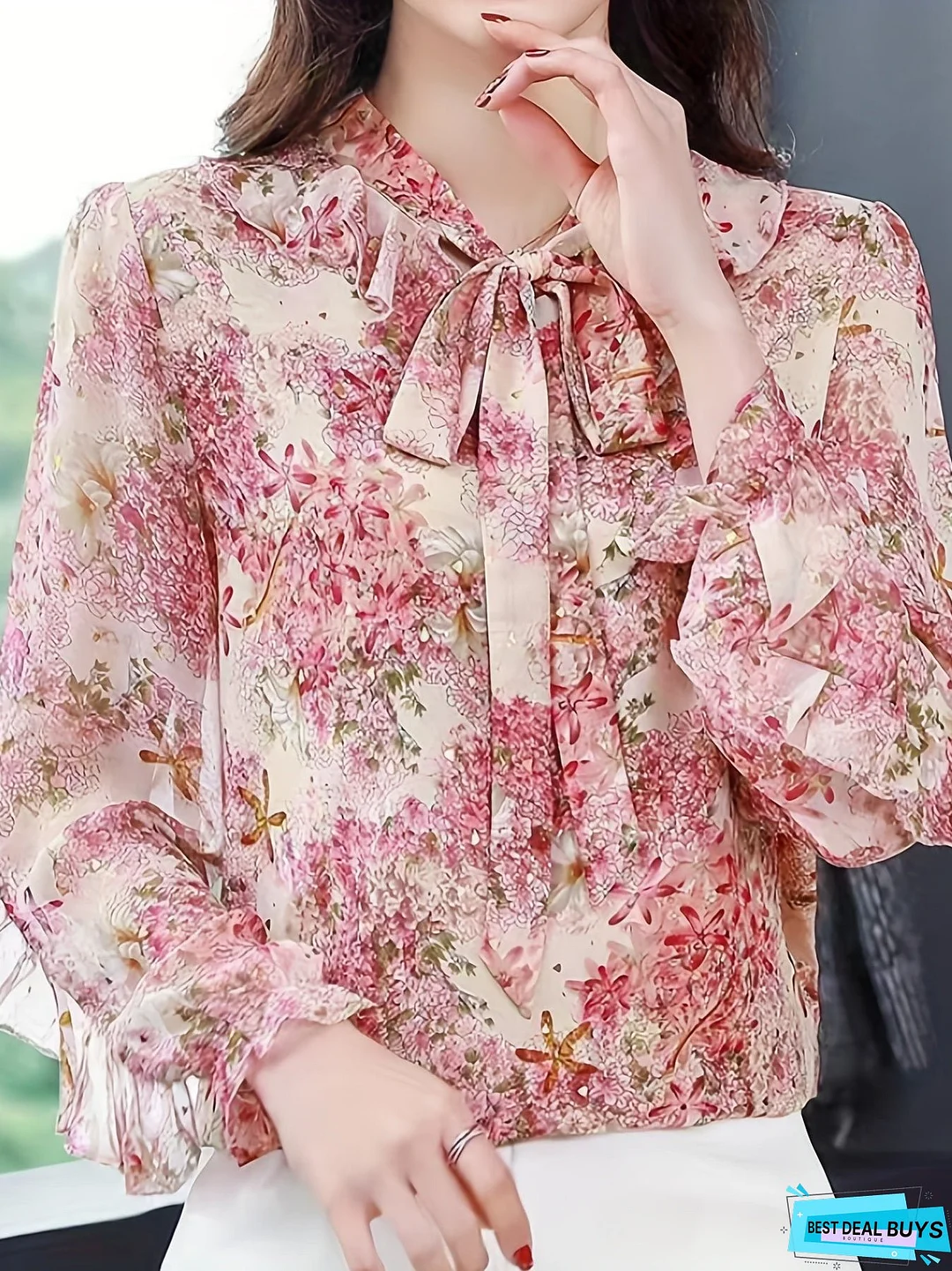 Floral Print Ruffle Trim Blouse, Elegant Tie Neck Long Sleeve Blouse For Spring & Fall, Women's Clothing