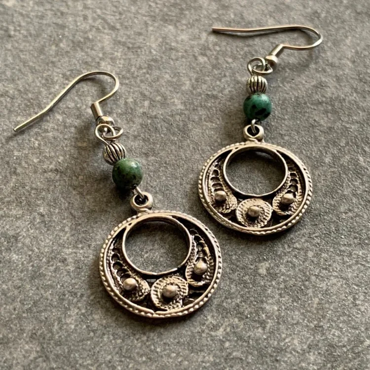 Vintage Turquoise Hollowed Out Moon Earrings