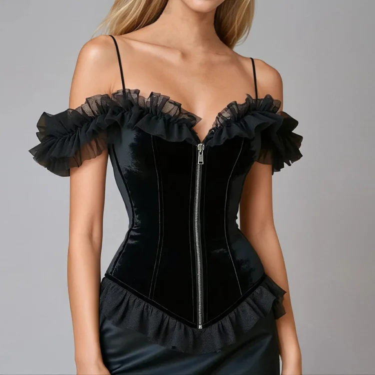 Ruffle Trim Cold Shoulder Velvet Zipper Blouse