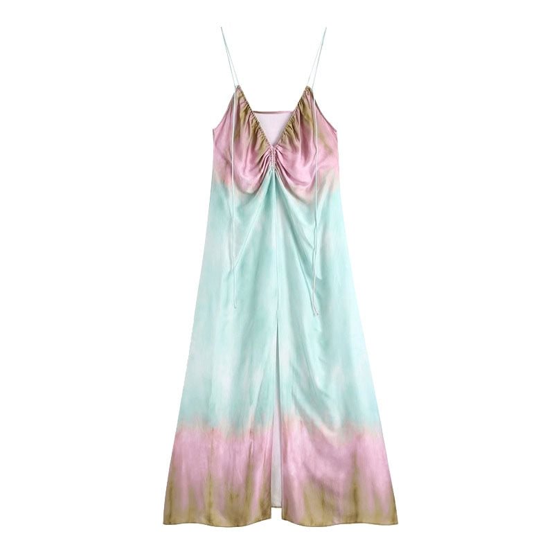 TRAF Women Chic Fashion Tie-dye Print Front Slit Midi Dress Vintage Backless Thin Straps Female Dresses Vestidos Mujer