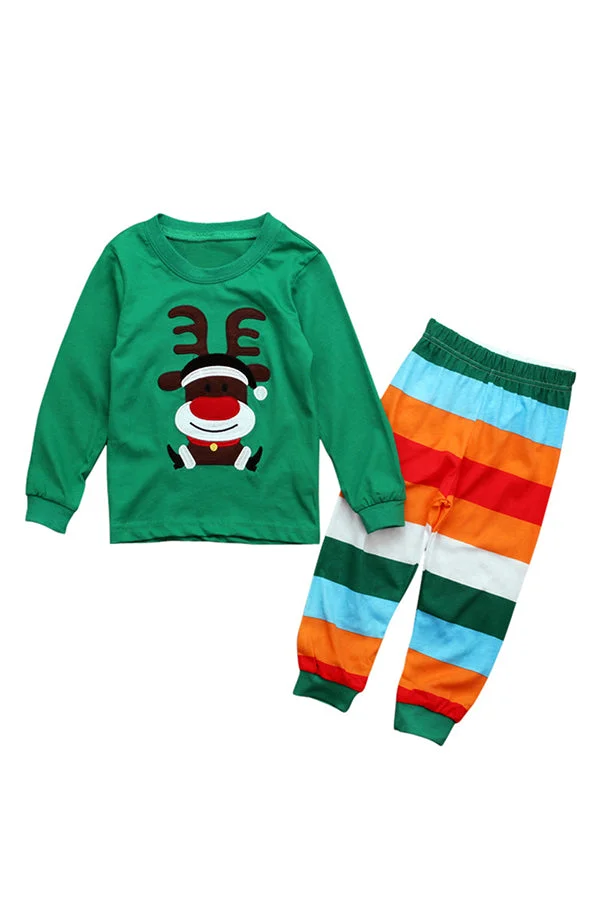 Long Sleeve Cartoon Reindeer Print Kids Boys Christmas Pajama Green-elleschic