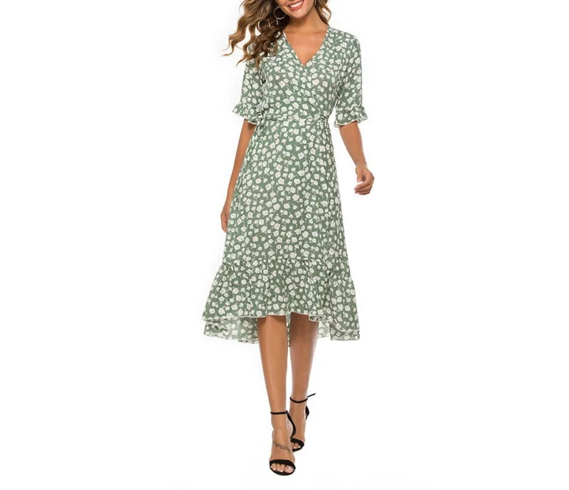 Vintage Floral Printing Women Summer Chiffon Dress 2022 Fashion Casual Elegant Ruffles Short Sleeve Split Boho Beach Sundress