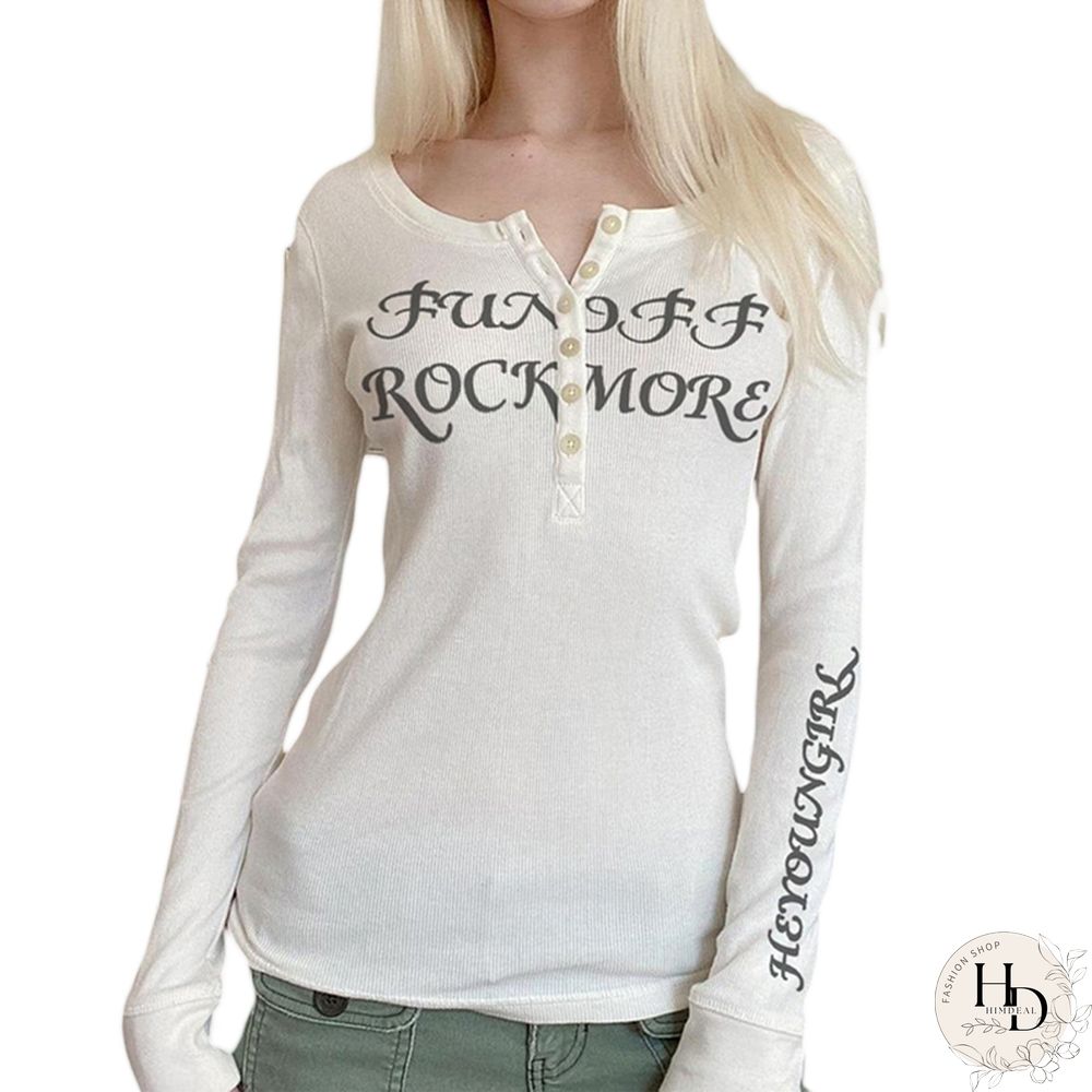 Gothic Shirt Women Button Neck Long Sleeve Tops Letter Print Clothes Y2k Punk Dark