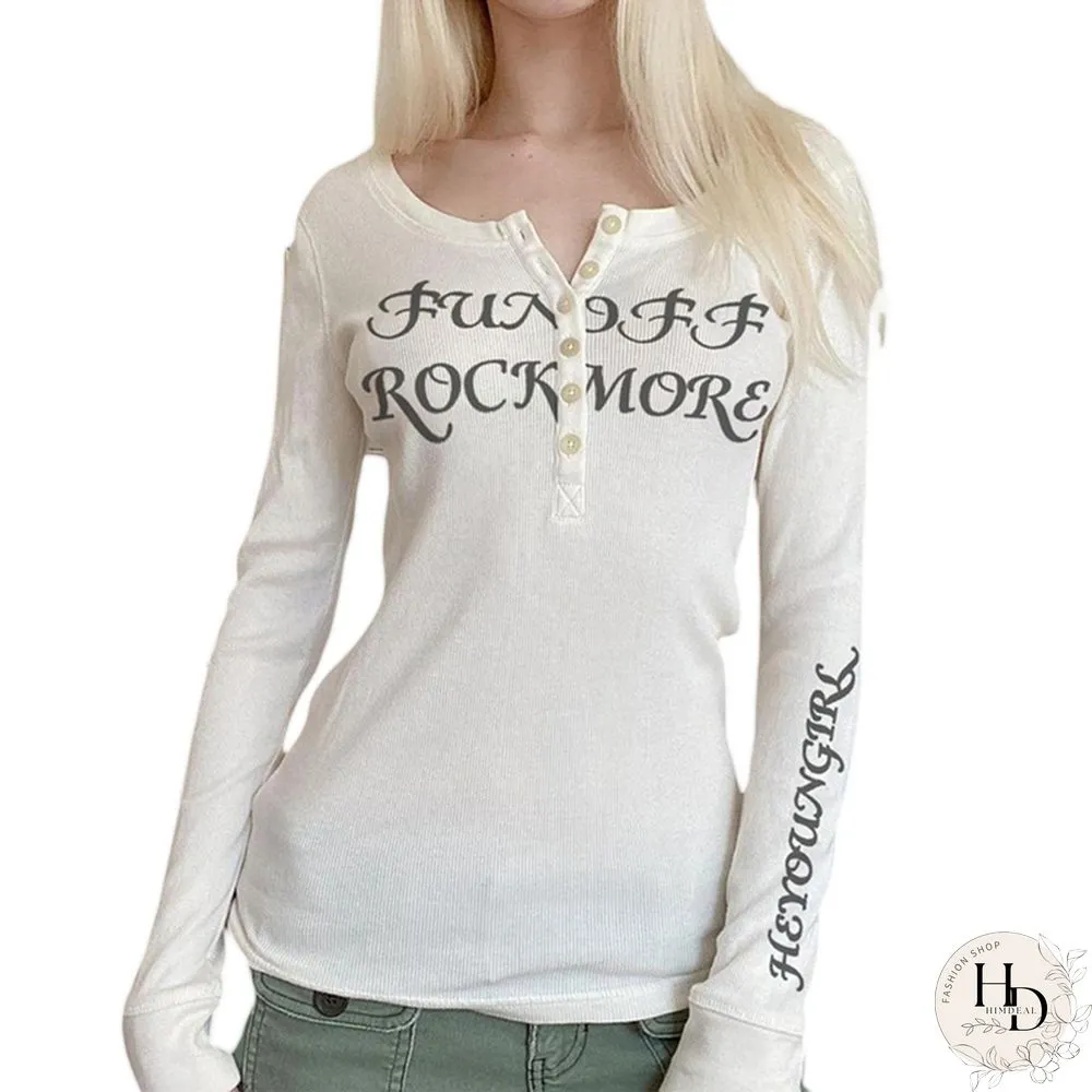 Gothic Shirt Women Button Neck Long Sleeve Tops Letter Print Clothes Y2k Punk Dark