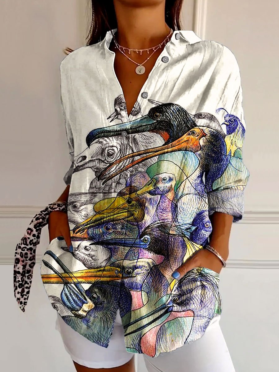 Women's Sketched Birds Art Print Casual Cotton Shirt