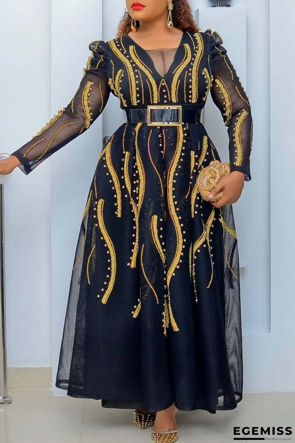 Black Elegant Print Patchwork V Neck Straight Plus Size Dresses(Without Belt) | EGEMISS