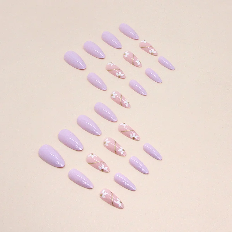 Churchf Churchf Elegant Fresh Taro Purple Pure Color Nail Gold Foil Line Flower Fake Nails Cure Mood Series Wear Armor