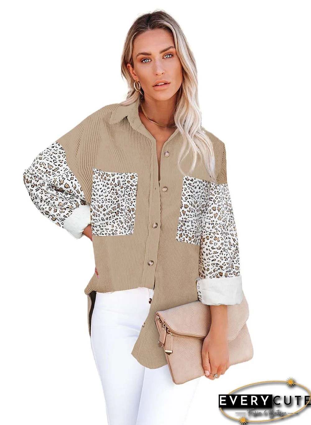 Leopard Patchwork Corduroy Buttoned Shirt Jacket