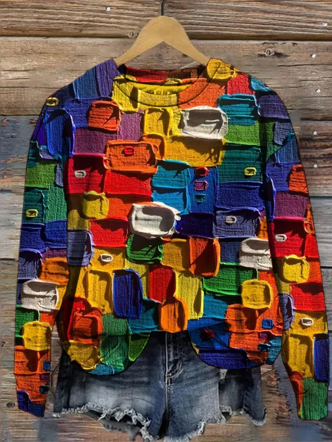 Women's Paint Stacking Splicing Art Print Casual Sweatshirt