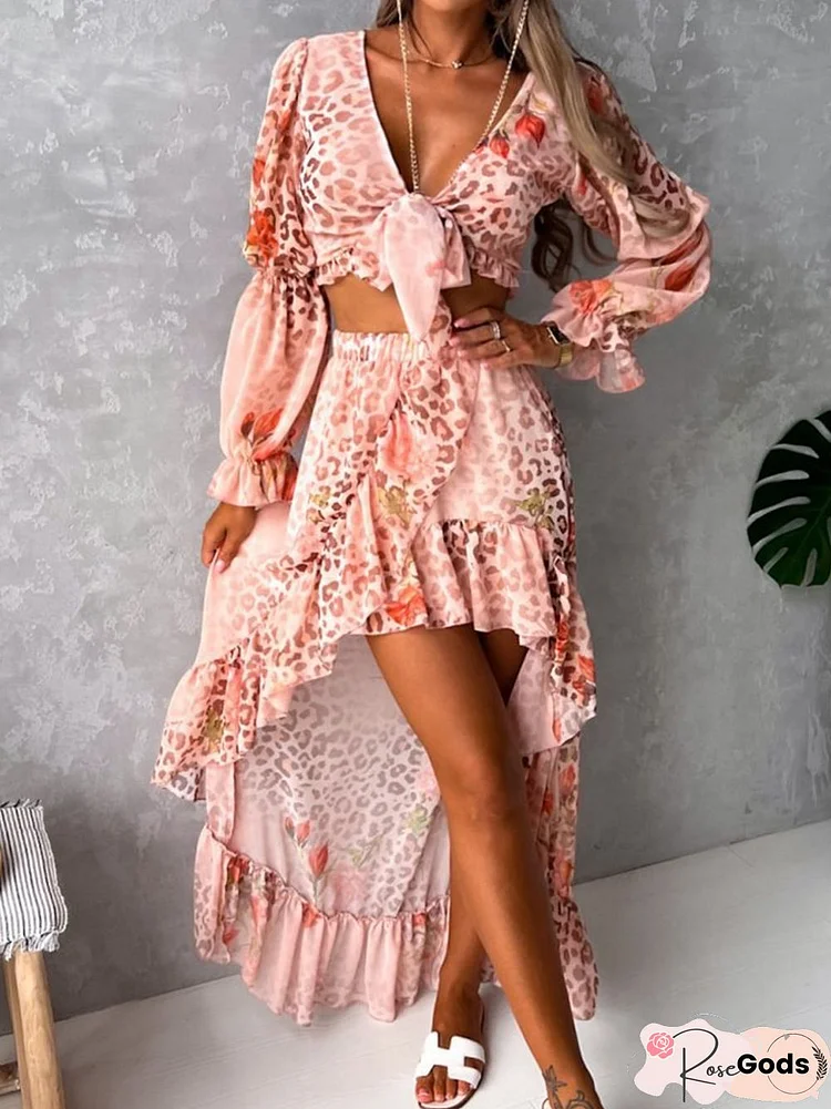 Women Lace Crop Shirt + Short Front Long Back Irregular Bust Skirt Suits Summer Fashion Printed Blouse 2Pc Set New Short Skirt Set