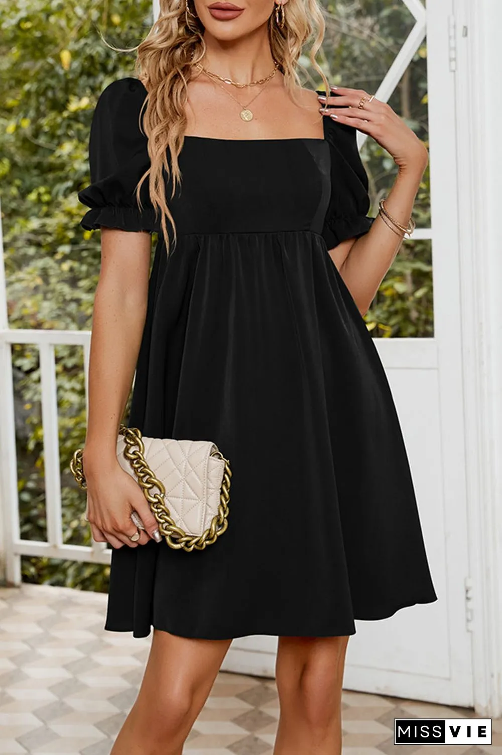 Sweet Elegant Solid Fold Square Collar A Line Dresses
