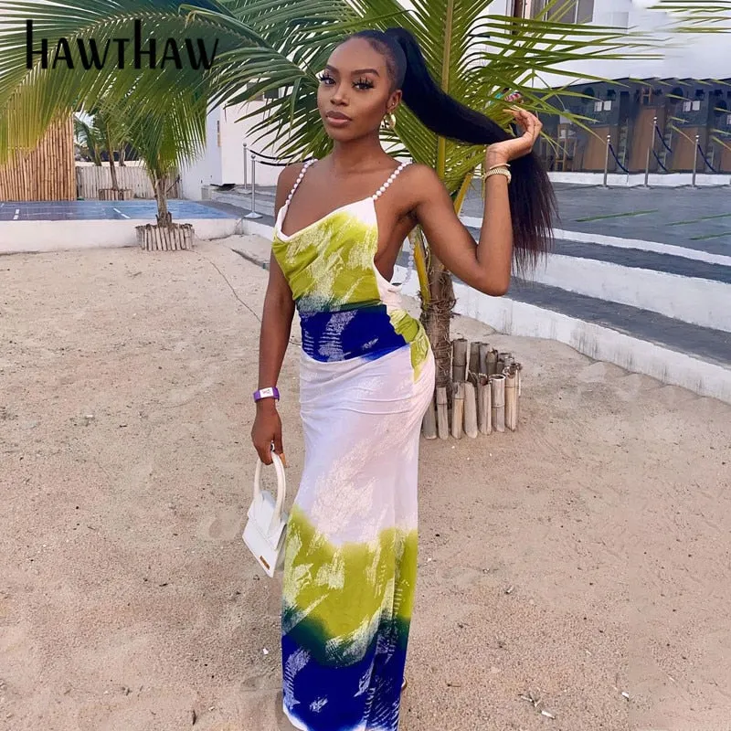Hawthaw Women Summer Sleeveless Printed Bodycon Beach Backless Pencil Long Dress Sundress 2021 Female Clothing Streetwear