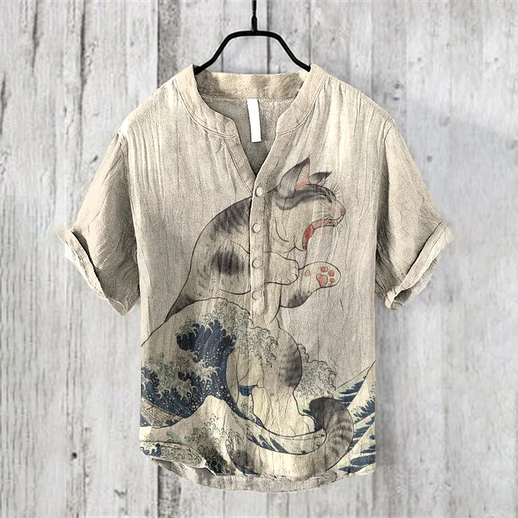 Japanese Kanagawa Wave With Roaring Cat Art Print Henry Collar Shirt
