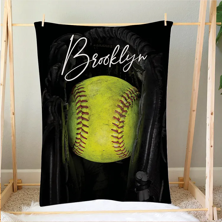 Personalized Softball Blanket, Softball Ball & Glove Soft Cozy Blankets | BKKid386