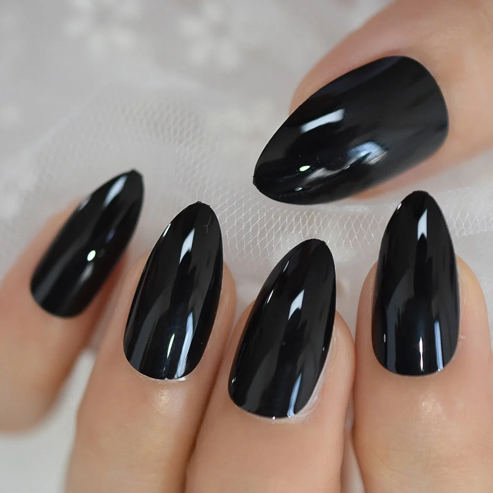 Black gel Nails Full Cover Glossy Stiletto Solid Color Full False Nail Wholesale Medium Press-on Finger Nails 24 Ct