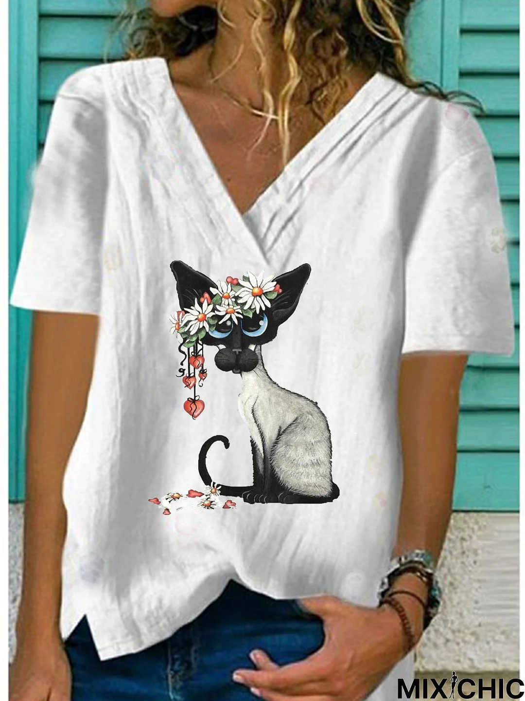 White V Neck Printed Simple Short Sleeve Tops