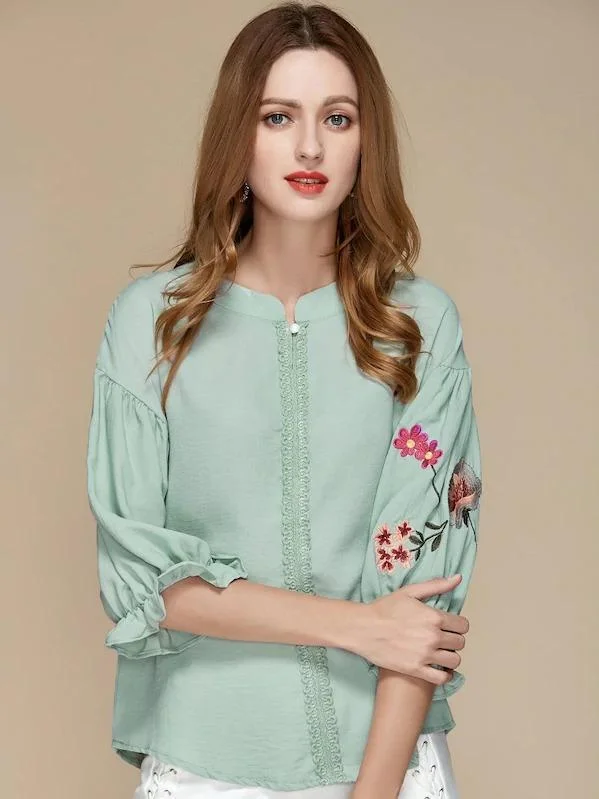 Embroidered Lantern Sleeve Crochet Trim Blouse | IFYHOME