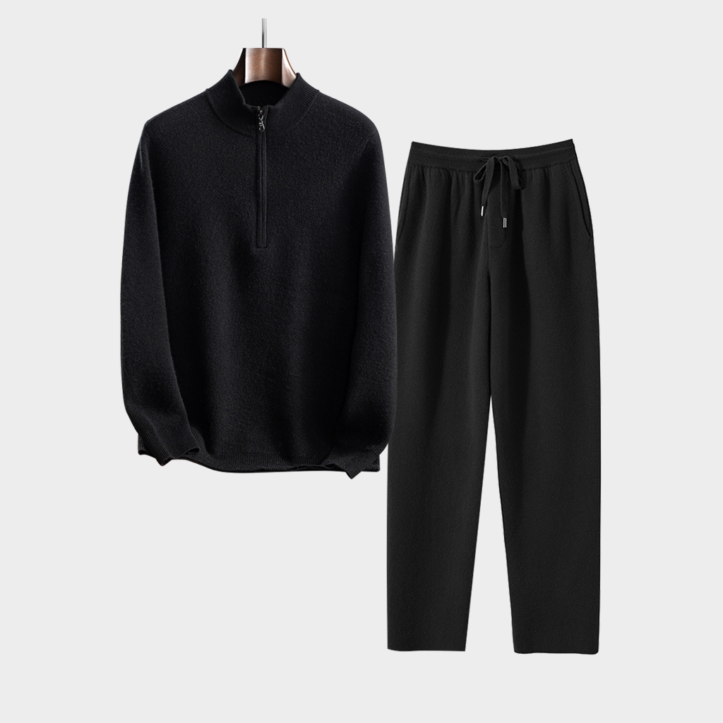 Men's Black Half-Zip Stand-Up Collar Cashmere Sweater and Pants Set | Modern Minimalist REAL SILK LIFE