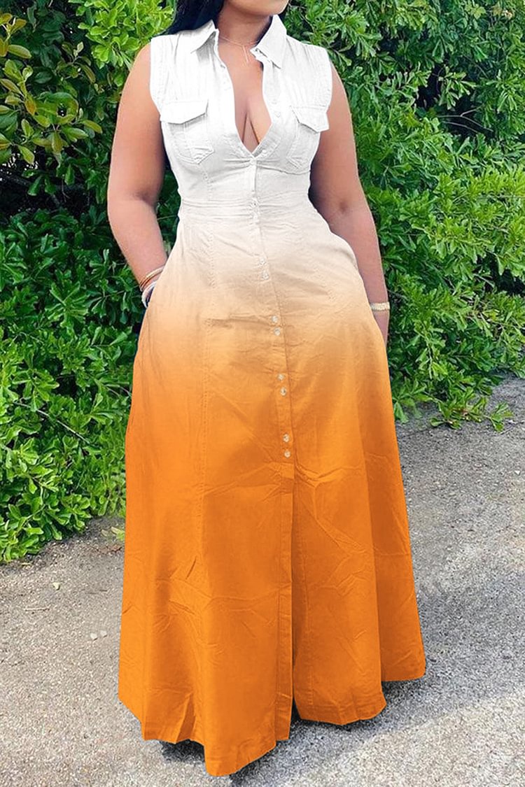 Xpluswear Plus Size Daily Colorblock Burnt Orange Button With Pockets Sleeveless Maxi Dress [Pre-Order]