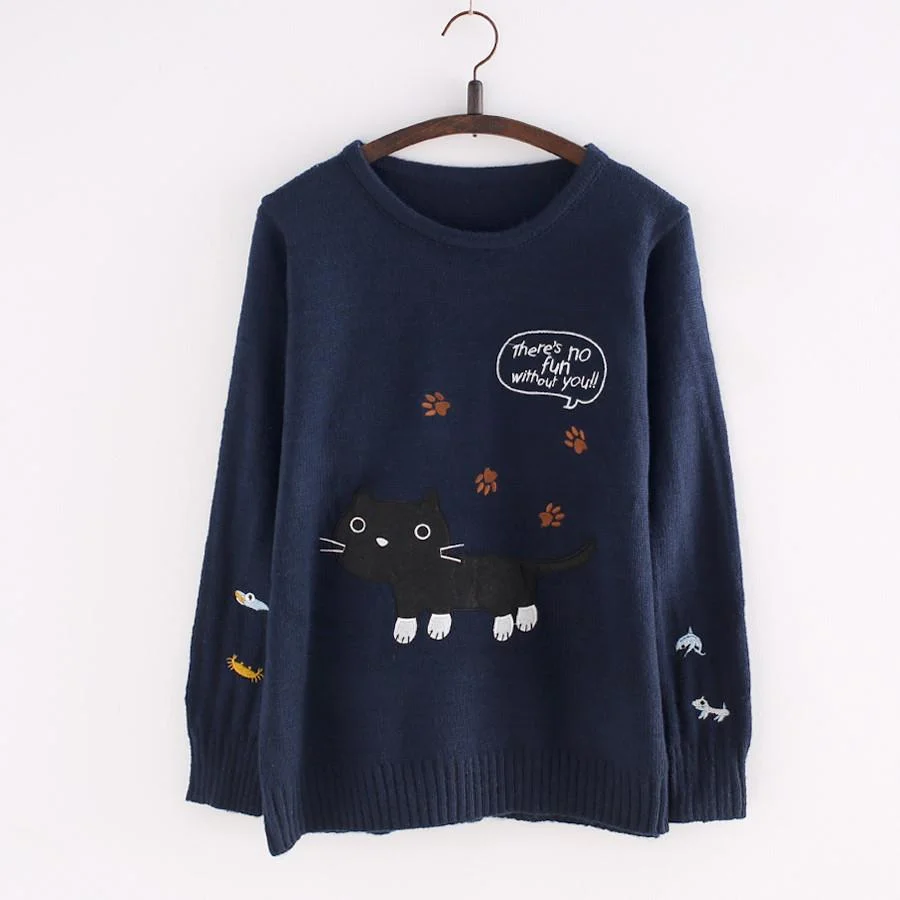 Navy Kawaii Neko Cat Pullover Sweater SP165117