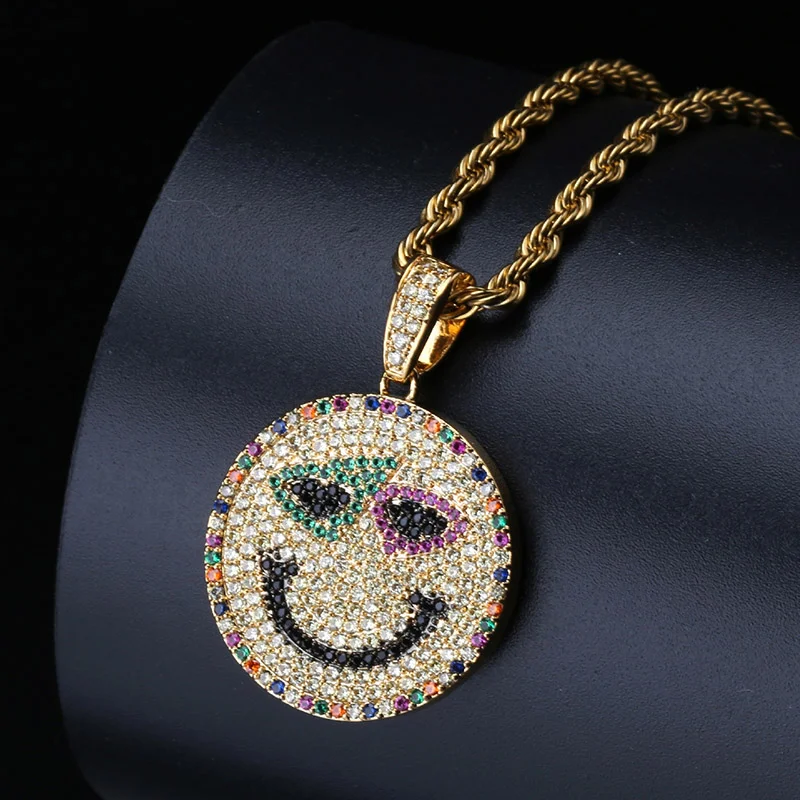 Iced Out Funny Smiley Face Pendant Colorful Zircon Necklace Hip Hop Jewelry-VESSFUL