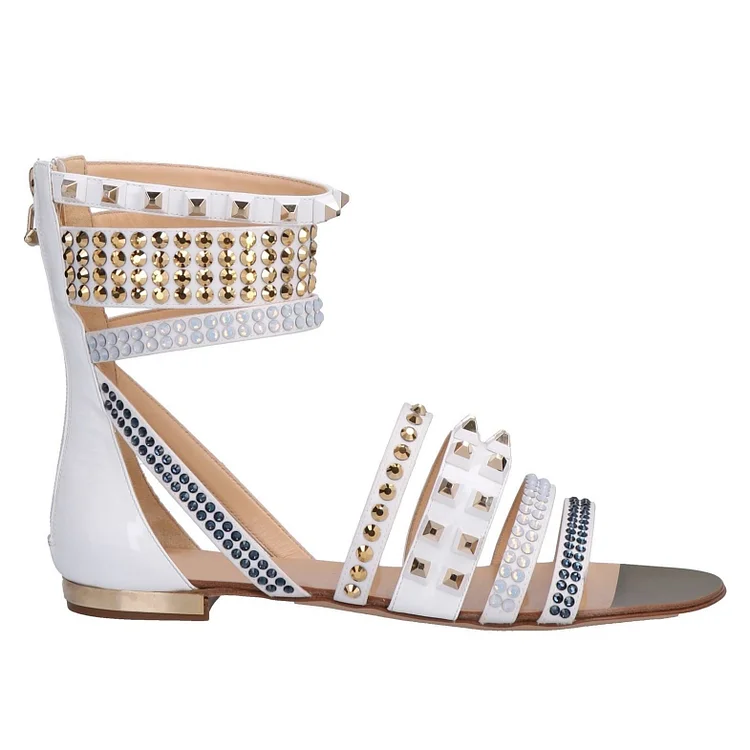 White Studs and Rhinestone Flat Patent Leather Gladiator Sandals Vdcoo