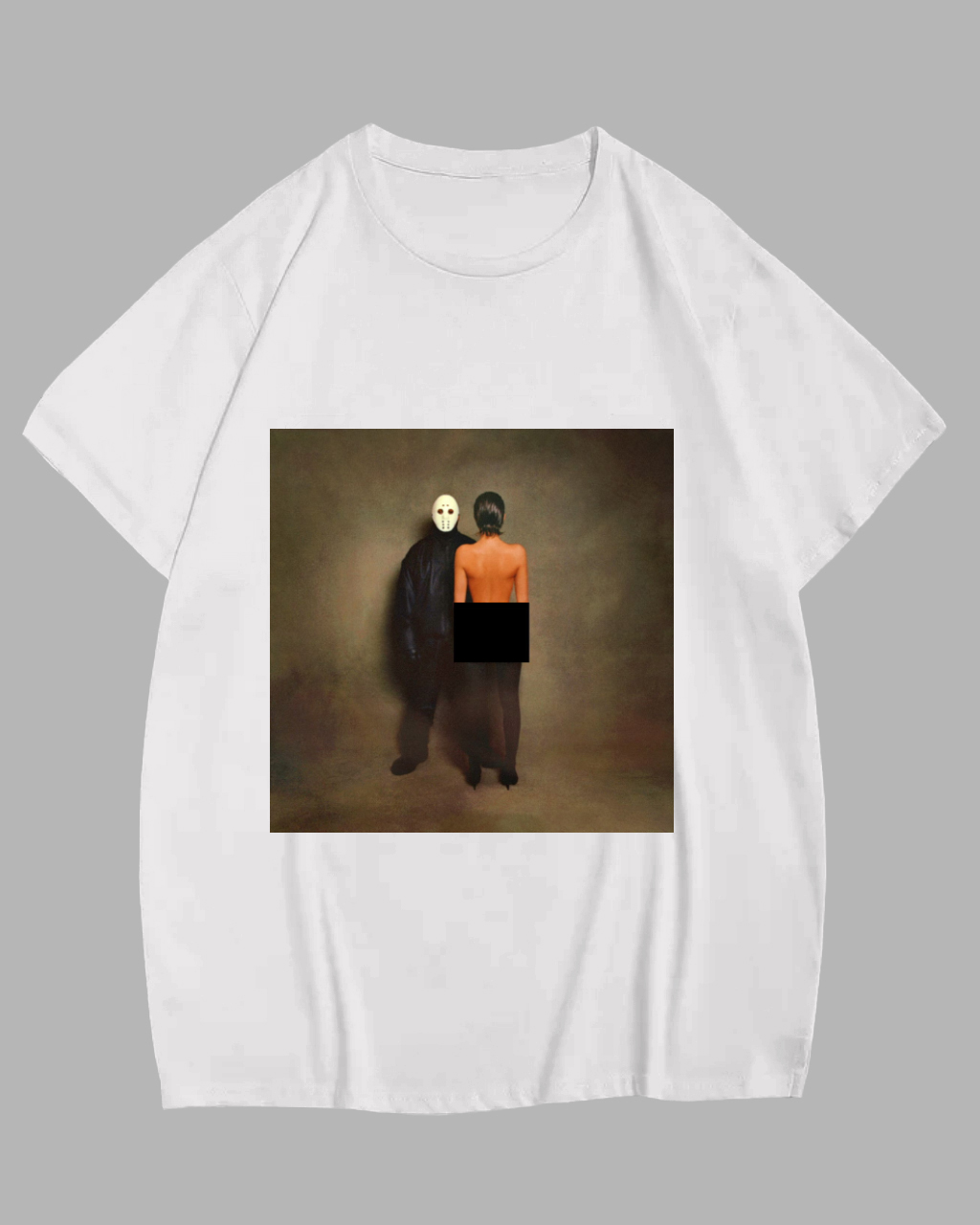 Big Guy's White Masked Figures and Text Print Short Sleeve T-Shirt