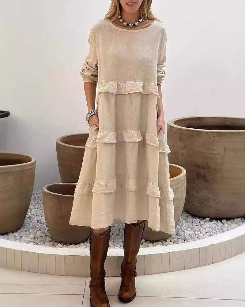 Ruffled Round Neck Side Pockets Long Sleeve Midi Dress