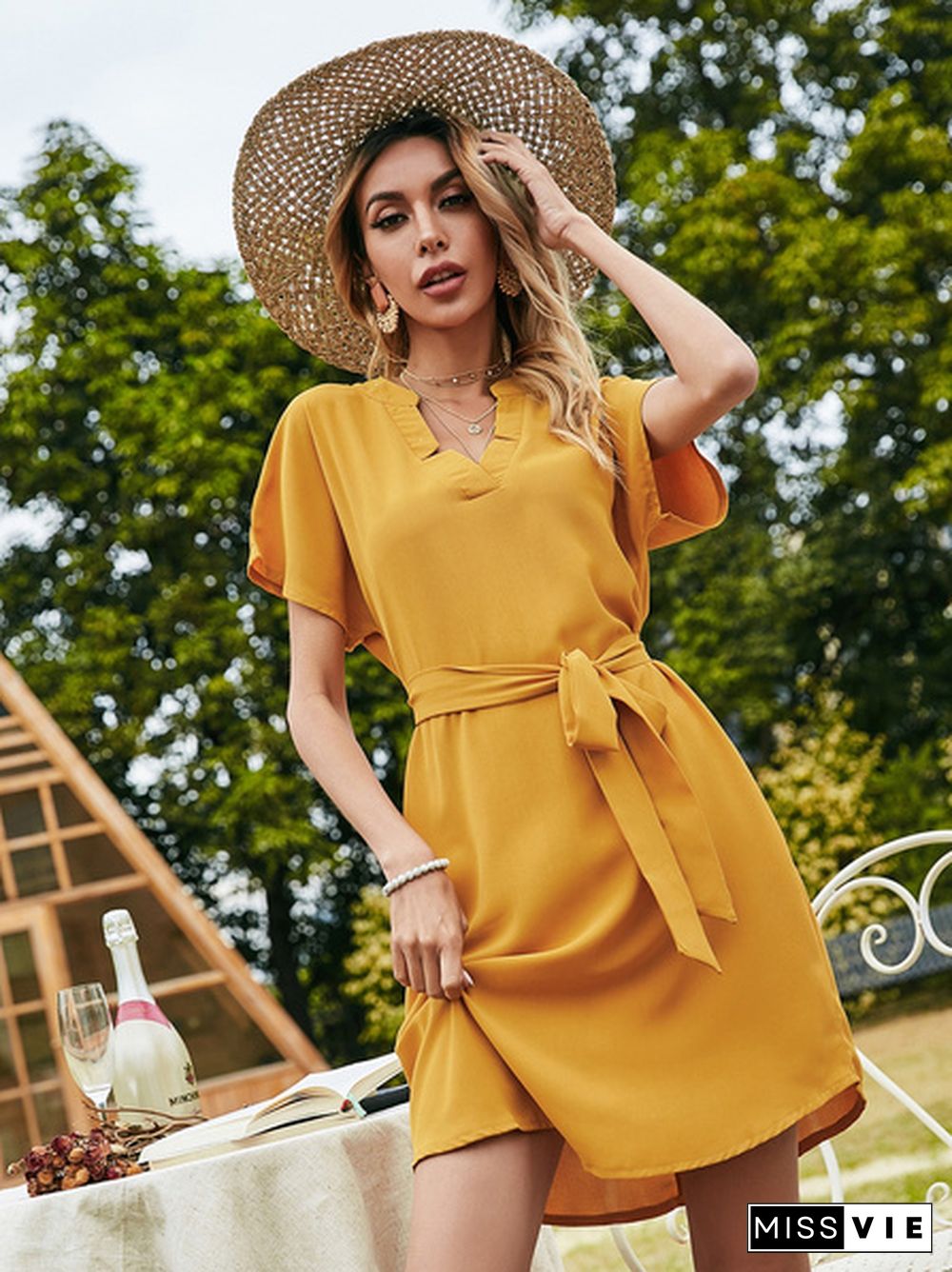 Fresh And Sweet V-Neck Bow Tie Yellow Dress