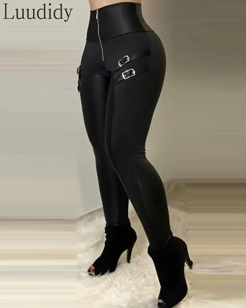 UForever21  Women Zipper Design Faux Leather Pants High Waist Trousers Women Casual Buckle PU Pants