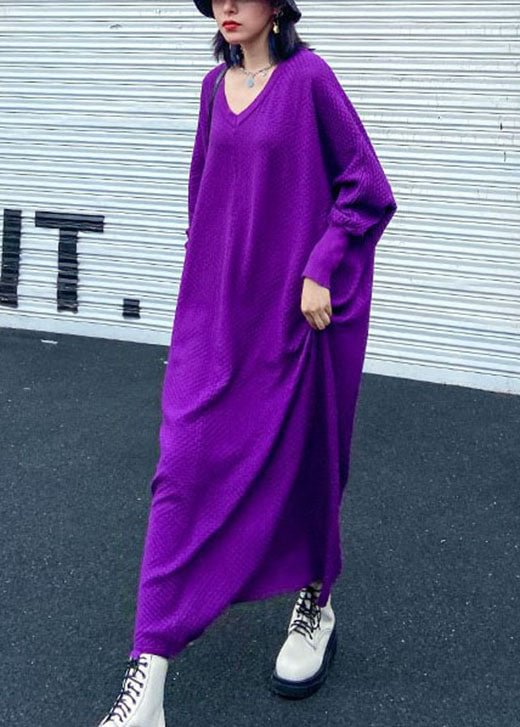 Art Purple V Neck Loose Casual Fall Long Knit Dress CK107- Fabulory