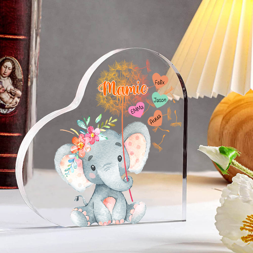 À ma Mamie - Plaque Acrylique Éléphant en Forme de Cœur 4 Prénoms Personnalisés