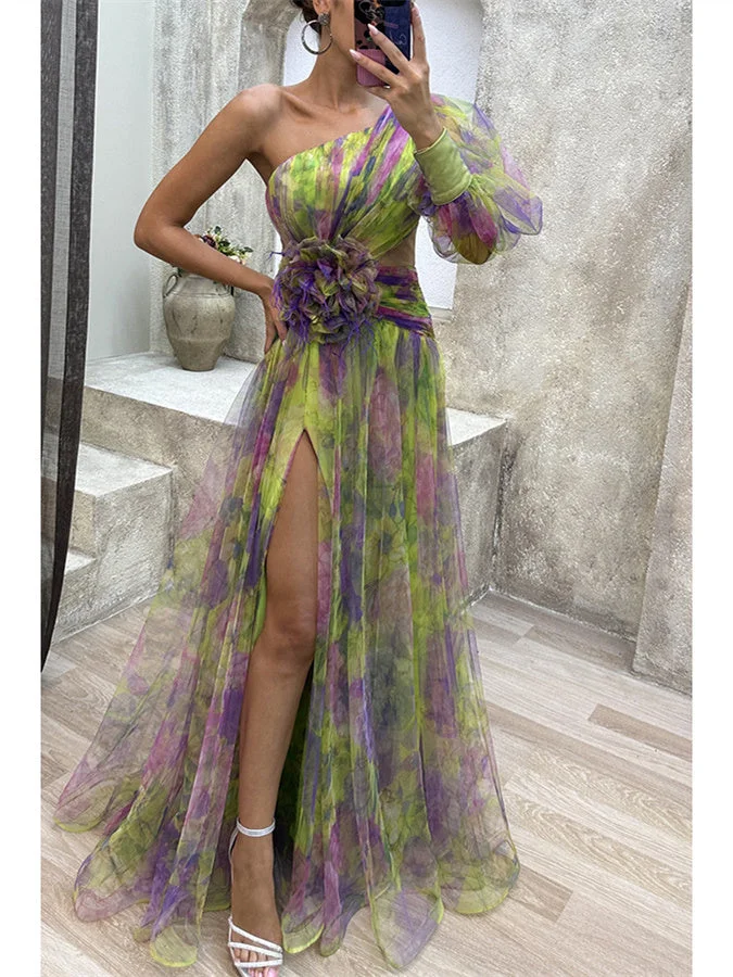 Style & Comfort for Mature Women Women Floral One Shoulder Sexy Long-sleeved dress Maxi Dress