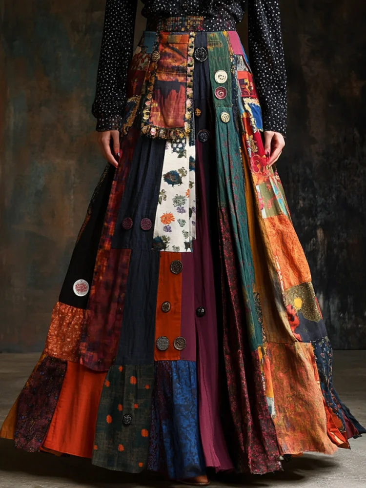 VChics Bohemian Style Colorful Patchwork Ethnic Print Skirt