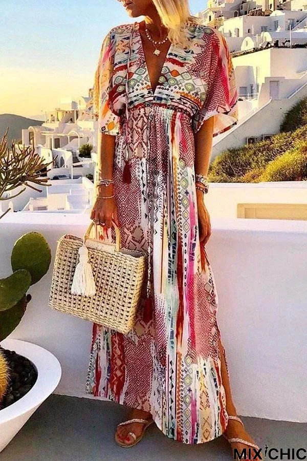 Bohemian Print Plunging Neck Maxi Slit Dress