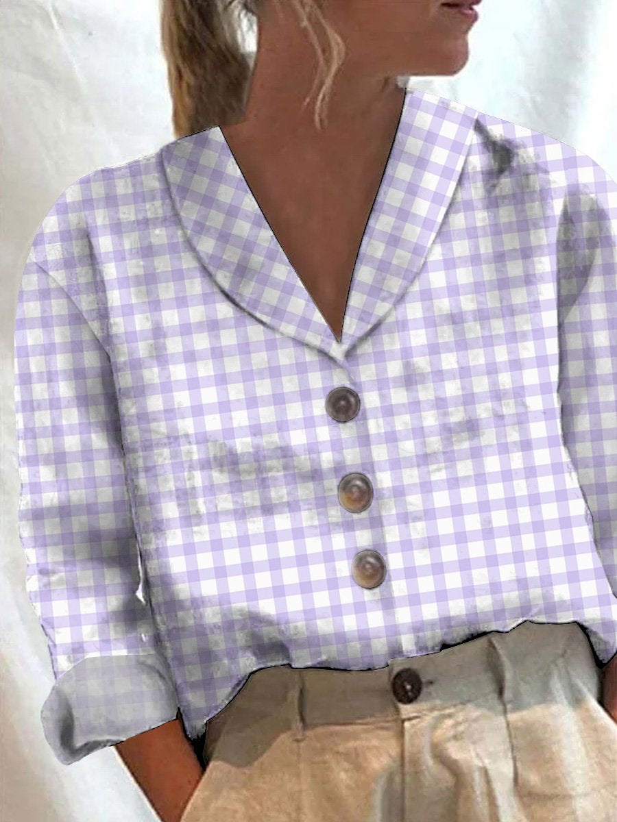 Spring Light Purple Plaid Pattern Printed Women's Cotton Casual Blouse