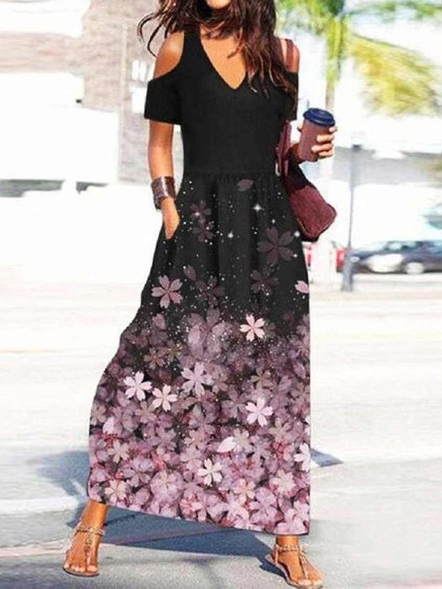Casual Floral-Print V-Neck Off-The-Shoulder Short-Sleeve Maxi Dress