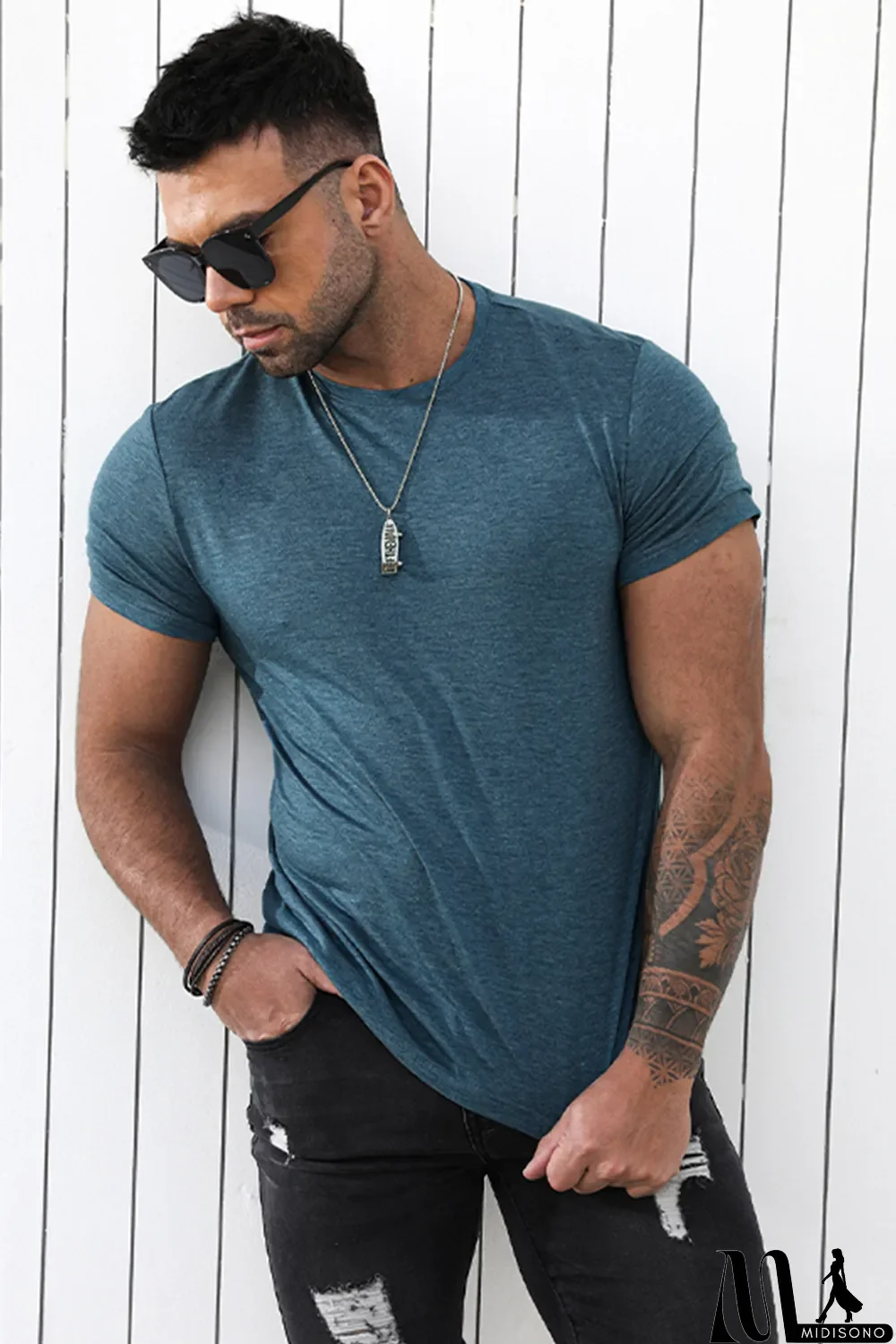 MidiSono - Blue Solid Basic Crewneck Short Sleeve Men's T-shirt