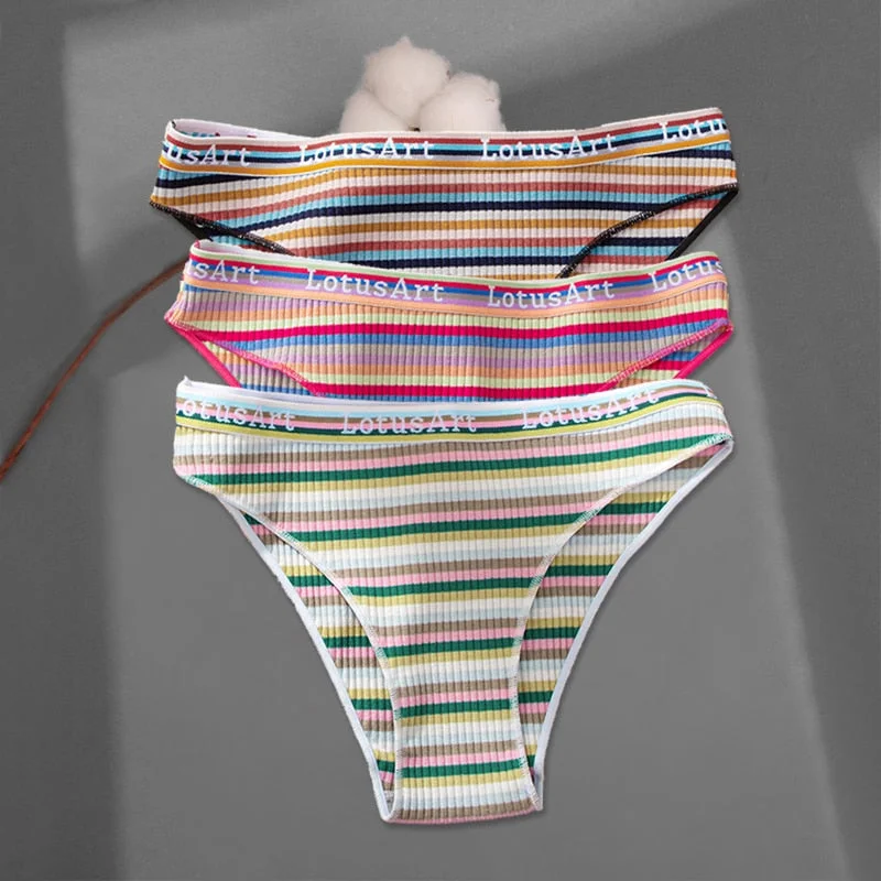 FINETOO 3Pcs/set Colorful Stripes Panties Women's Cotton Briefs M-XL Low-Rise Rainbow Underwear Ladies Underpants Girls Panties