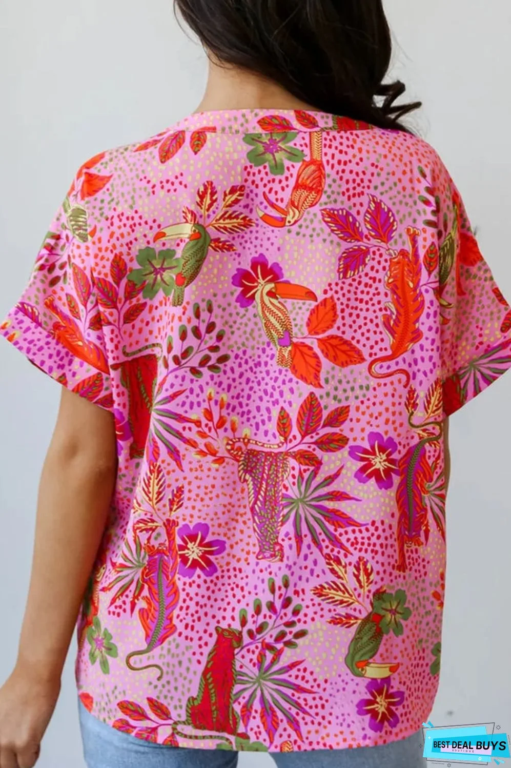 Printed Notched Short Sleeve Top
