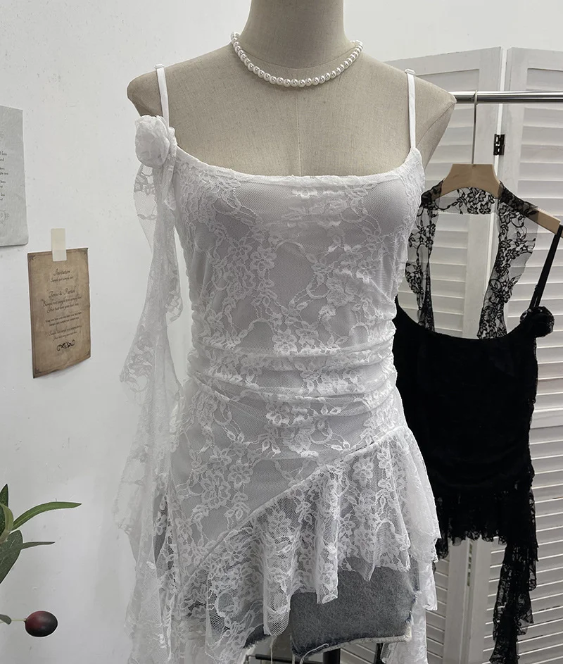 Nigikala Nigikala Shooting Lace Suspension Sheaf Vest Women's Summer Thin Irregular Lotus Leaf-Side Ribbon Slime Blouse 11851