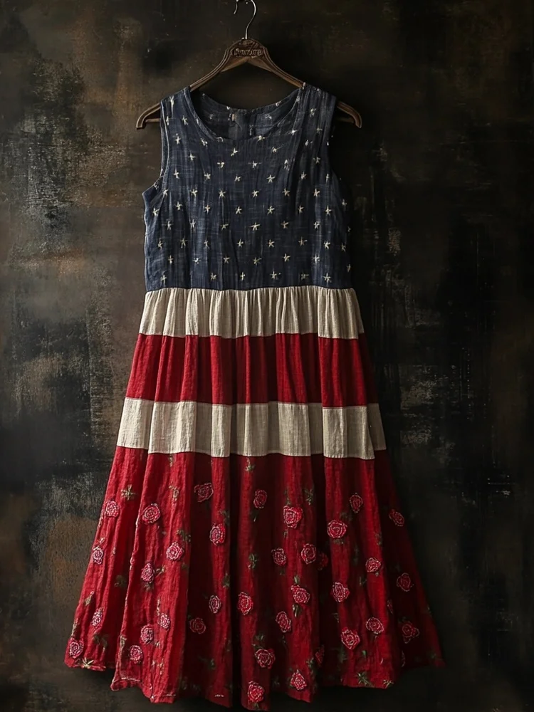 VChics Vintage Flag Inspired Rose Embroidered Linen Tank Dress