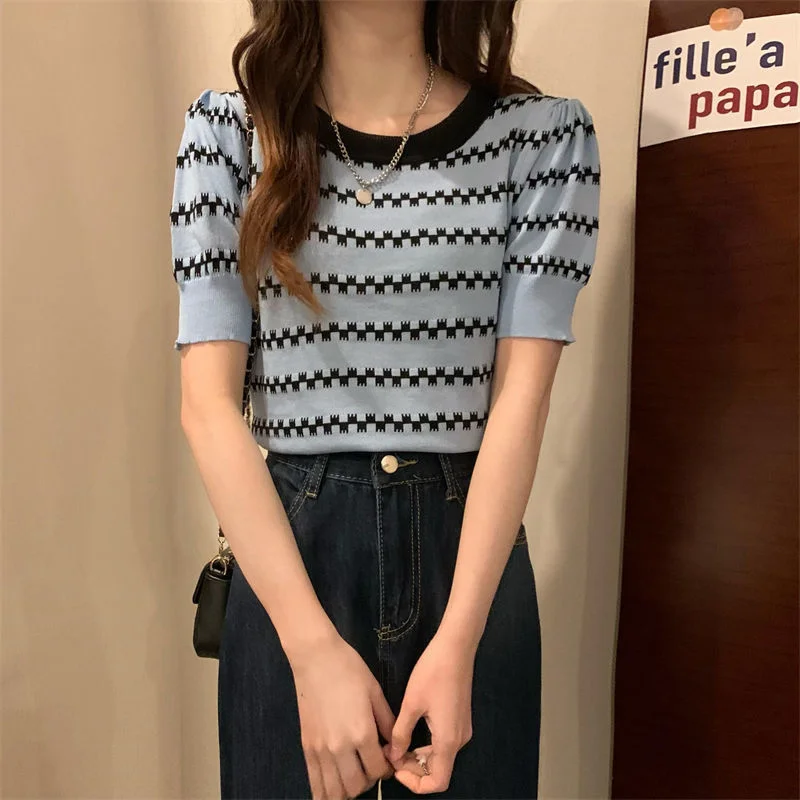 Uveng Uveng Ice Silk Striped Knitted Short-Sleeved T-Shirt For Women's 2023 Summer New High-Waisted Loose Bubble Sleeve Short Blouse