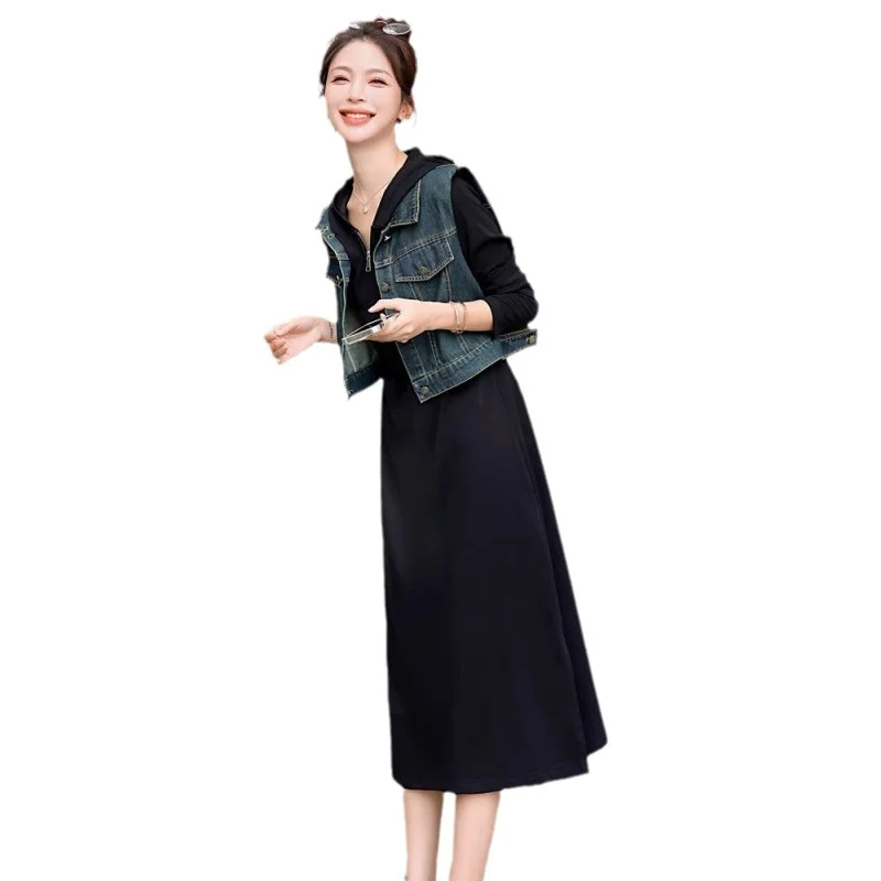 Toloer Toloer Vest With Black Hooded Dress Women's 2024 Summer New Casual Foreign Fashion Dress Two Sets-Outfit Ideas