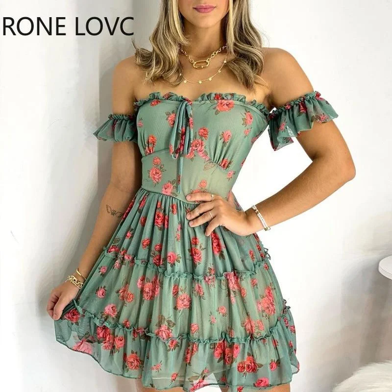 Women Ruffle Floral Print Off Shoulder Frill Hem Dress Mini Dress Women Summer Dress 1109-1