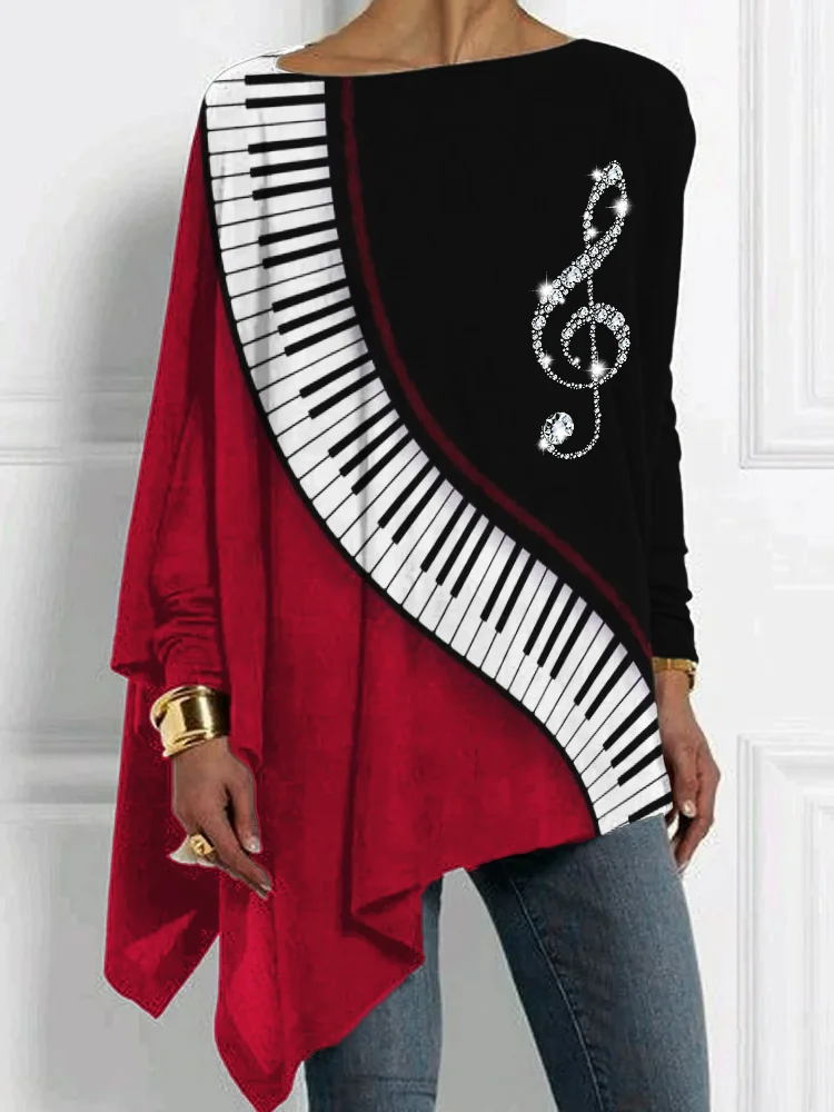 Glitter Treble Clef Piano Contrast Bat Sleeve T Shirt