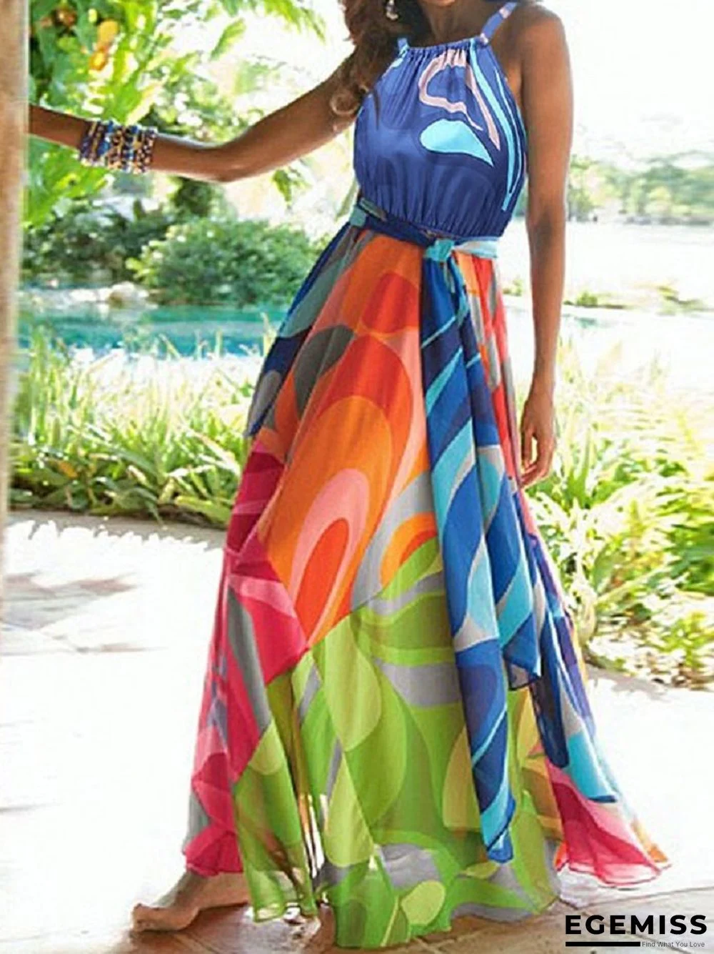 Bohemian Sleeveless Digital Printed Dress with Neck | EGEMISS