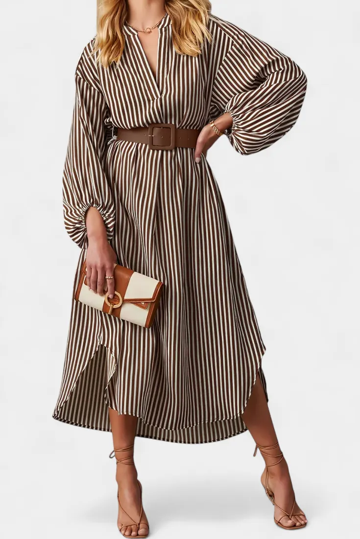 Striped V-Neck Midi Dress with Cinched Waist