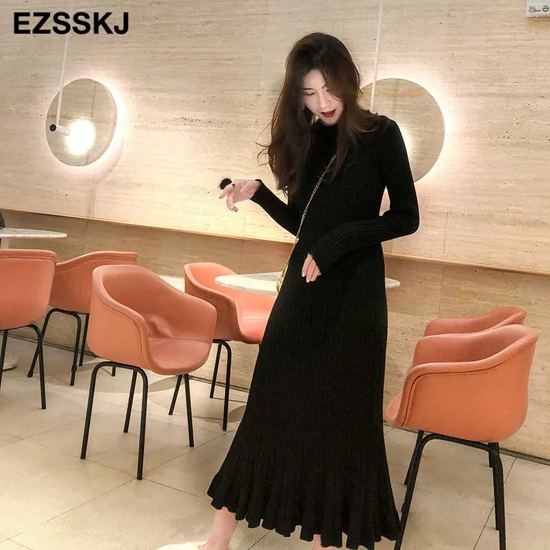 2022 autumn winter thick mermaid maxi sweater dress women o-neck long sweater dress elegant female a-line slim sexy knit dress